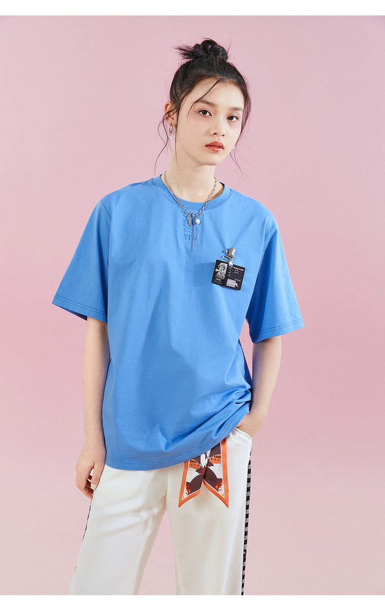 太平鸟桃花运t恤女2021夏新款中长款宽松大码体恤纯色半袖打底衫 粉色