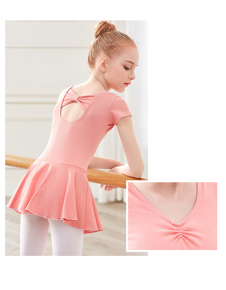 舞蹈服装女童棉连体服短袖女孩练功服跳舞连衣裙考级服装粉色长袖开裆