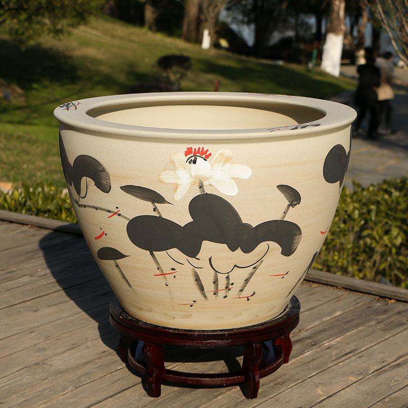 景德镇陶瓷器鱼缸养金鱼大缸乌龟盆水培植物睡莲碗莲水缸 万雪千山