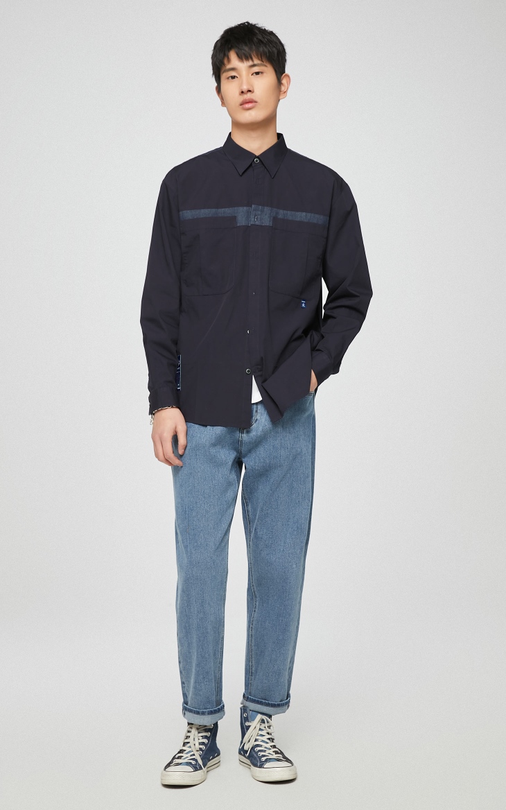 selected思莱德男士新品纯棉落肩袖休闲衬衫s421105060 深蓝色 170