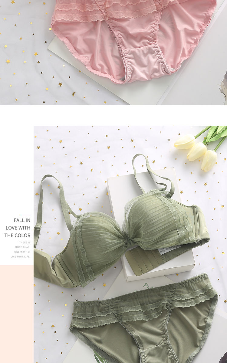 新款日系甜美无钢圈蕾丝网纱超仙女内衣可爱学生小胸聚拢文胸套装黑色