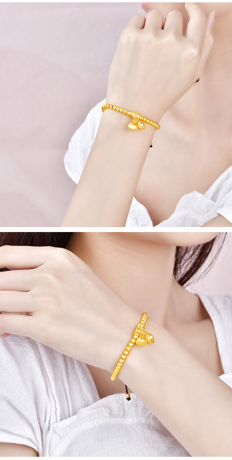 微奢妙珠999足金莲蓬荷花手链古法黄金小金珠手链女款纯金转运小金珠