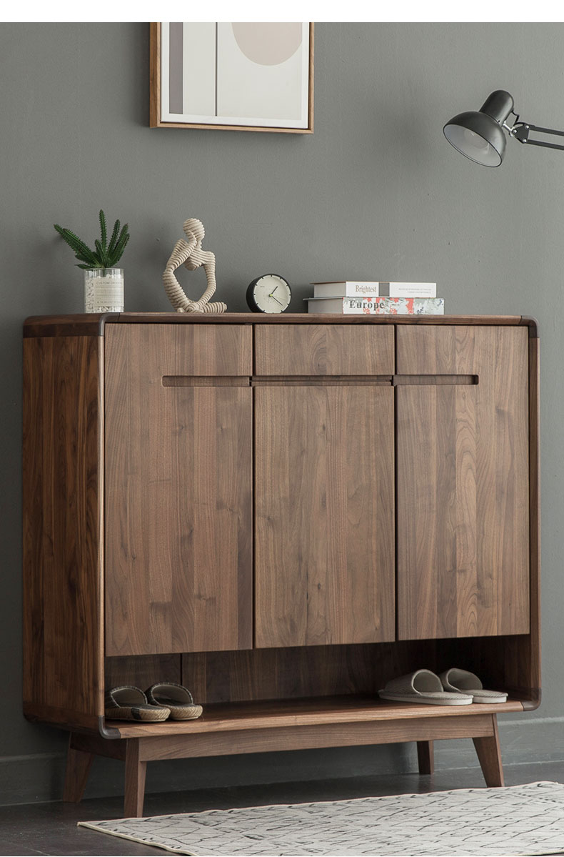 日式全实木玄关柜储物鞋柜3门北美黑胡桃木鞋柜长110宽37高105整装