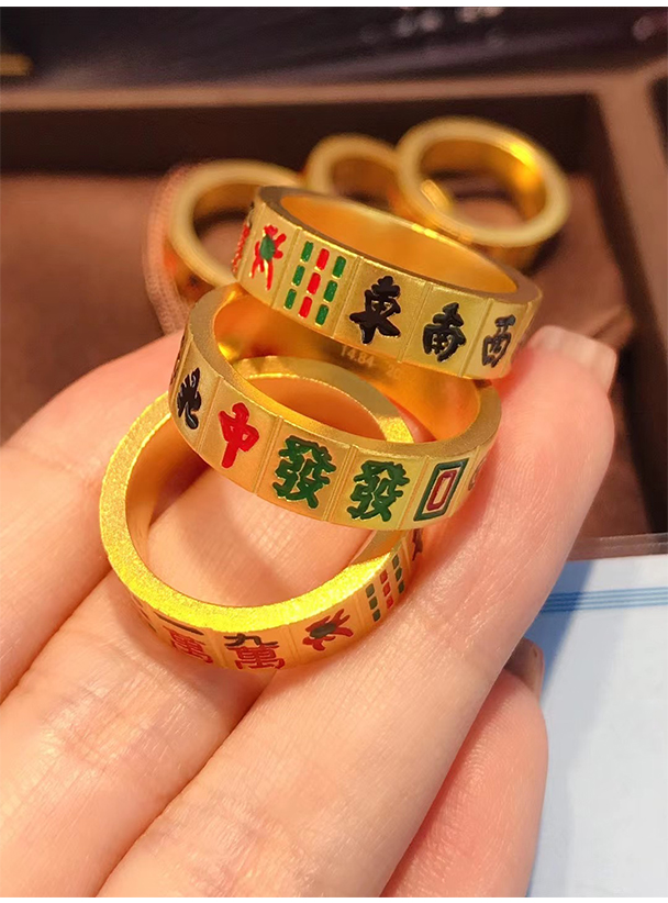 小腰金 黄金麻将戒指十三幺足金食指戒女实心古法珐琅指环男999足金