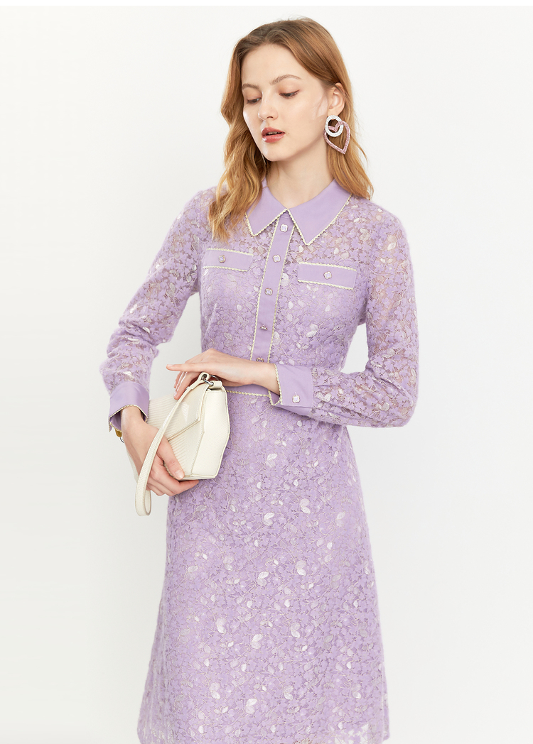 影儿yiner音儿女装2020冬季新款收腰钩花镂空蕾丝连衣裙 紫色 40