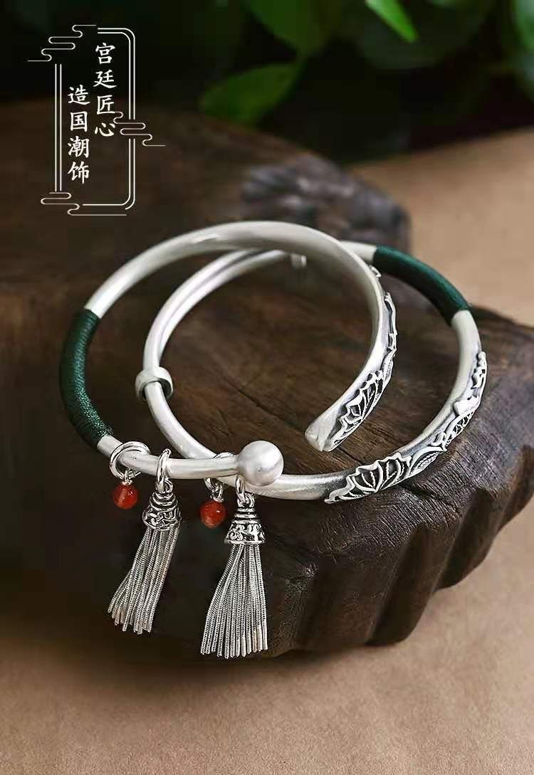 梦蔻925银手镯女民族风时尚高复古开口实心古风银镯子银饰妈妈鲤鱼