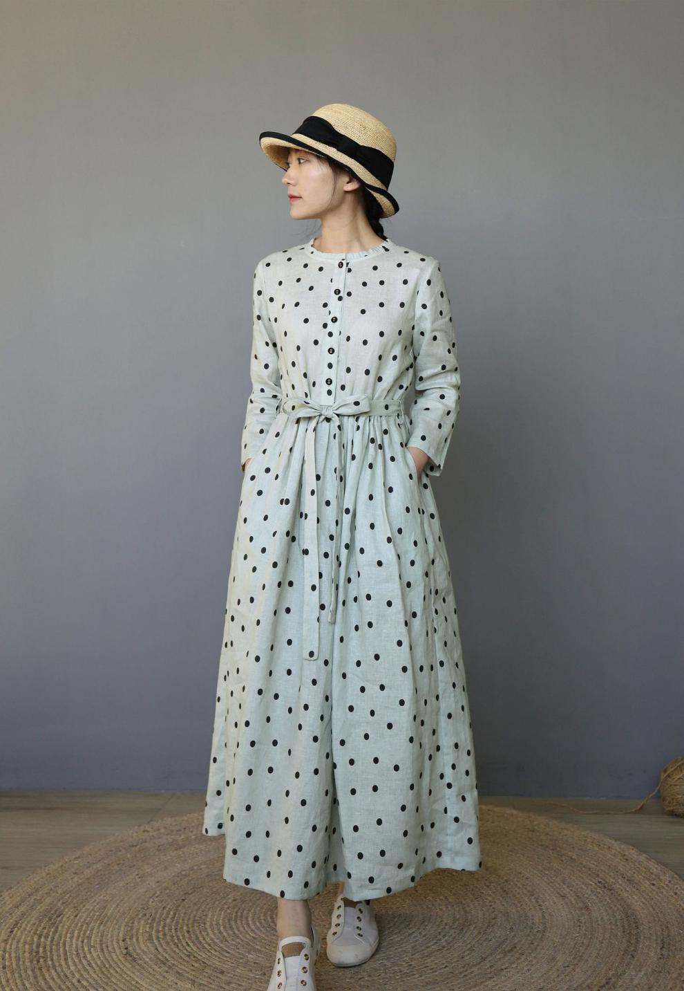 2021女王轻奢素订原创棉麻连衣裙色复古亚麻21夏季新款印花波点女文艺
