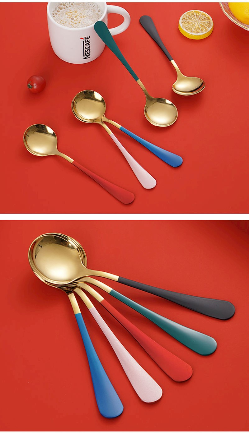 网红加厚不锈钢勺子家用成人汤勺吃饭勺可爱创意汤匙甜品搅拌勺 金黑
