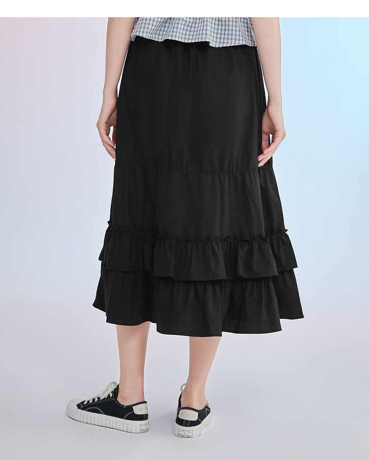 三福2021夏季女装荷叶边下摆橡筋长裙舒适裙子女439227 米白 160/64a