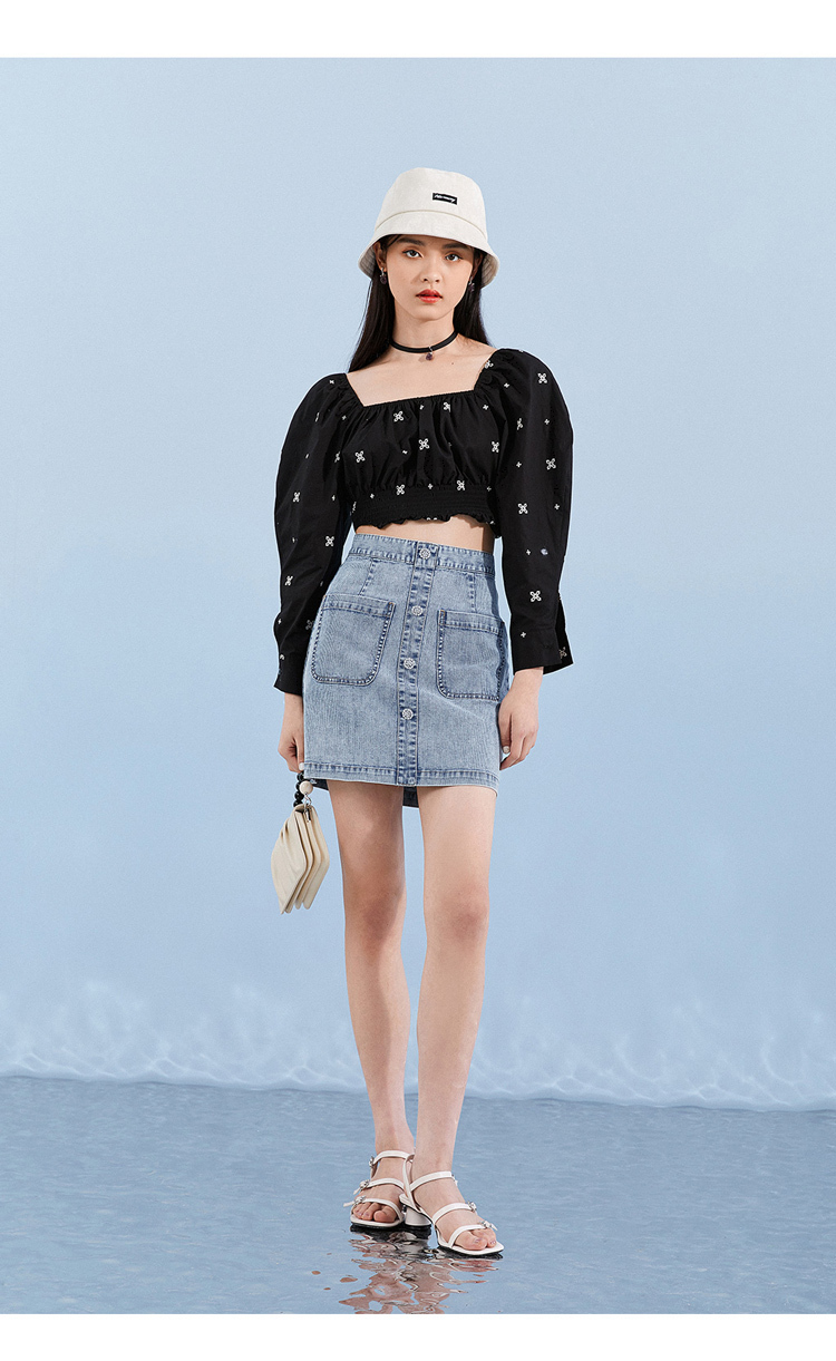 太平鸟半身裙女a型贴袋牛仔短裙2021夏季新款时尚肌理a字裙短裙女