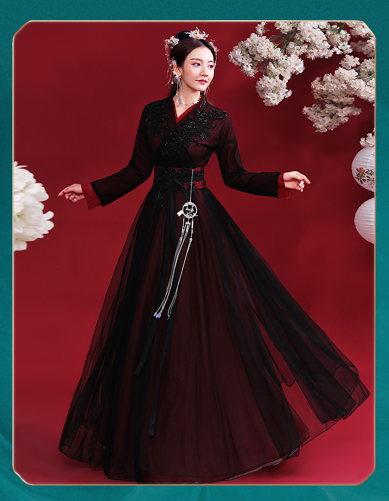 牵黛古风汉服女2021年春装新款仙侠古装飘逸中国风黑色齐腰襦裙长款