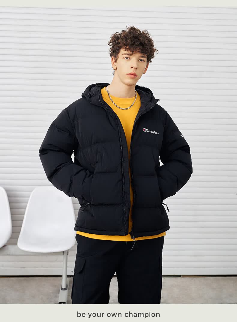 冠军秋冬新款男士中厚羽绒刺绣草写logo拉链开襟连帽中厚羽绒服 军