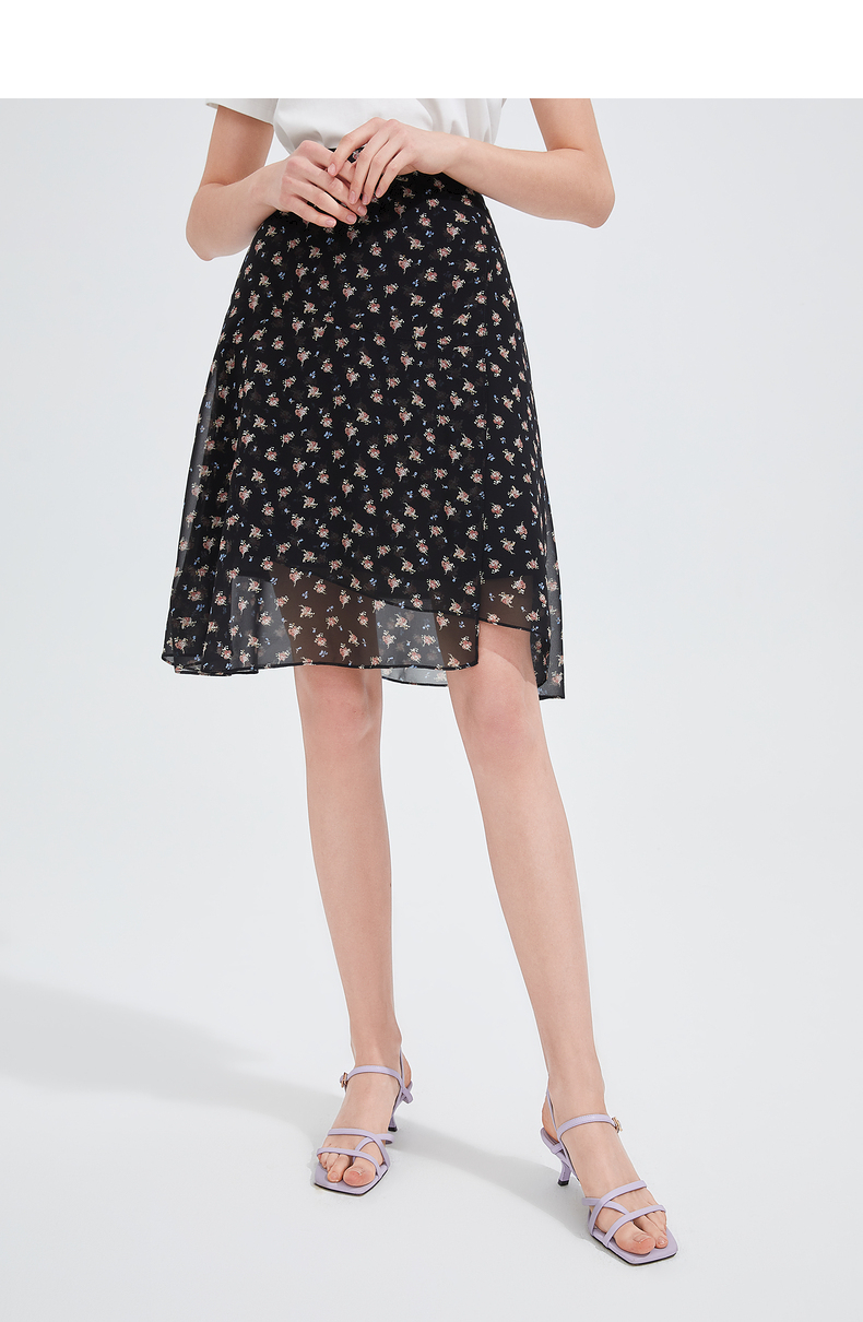 jz玖姿优雅花卉时尚腰裙子女2022夏季新款气质飘逸浪漫印花半身裙花黑