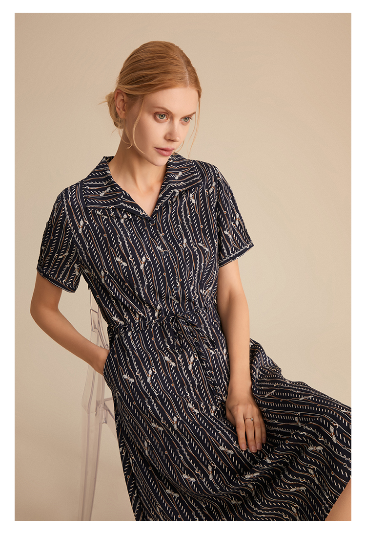 zb珍贝真丝连衣裙2021夏季新款桑蚕丝印花中裙系带通勤复古薄078藏青