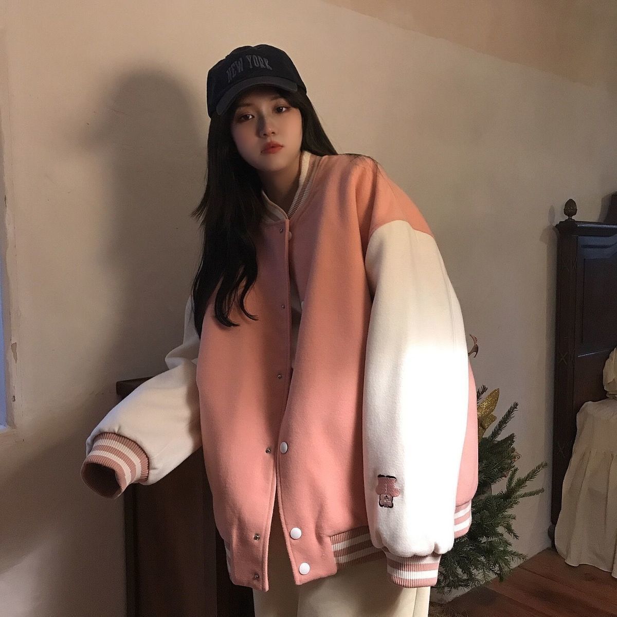 慕雀妮棒球服女秋冬韩版ins原宿风新款宽松百搭bf拼接复古加厚情侣