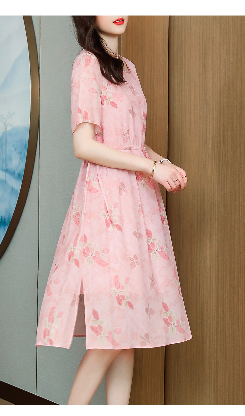 遮肚子显瘦女士印花短袖桑蚕丝真丝连衣裙妈妈装中长款a字裙子浅粉色m