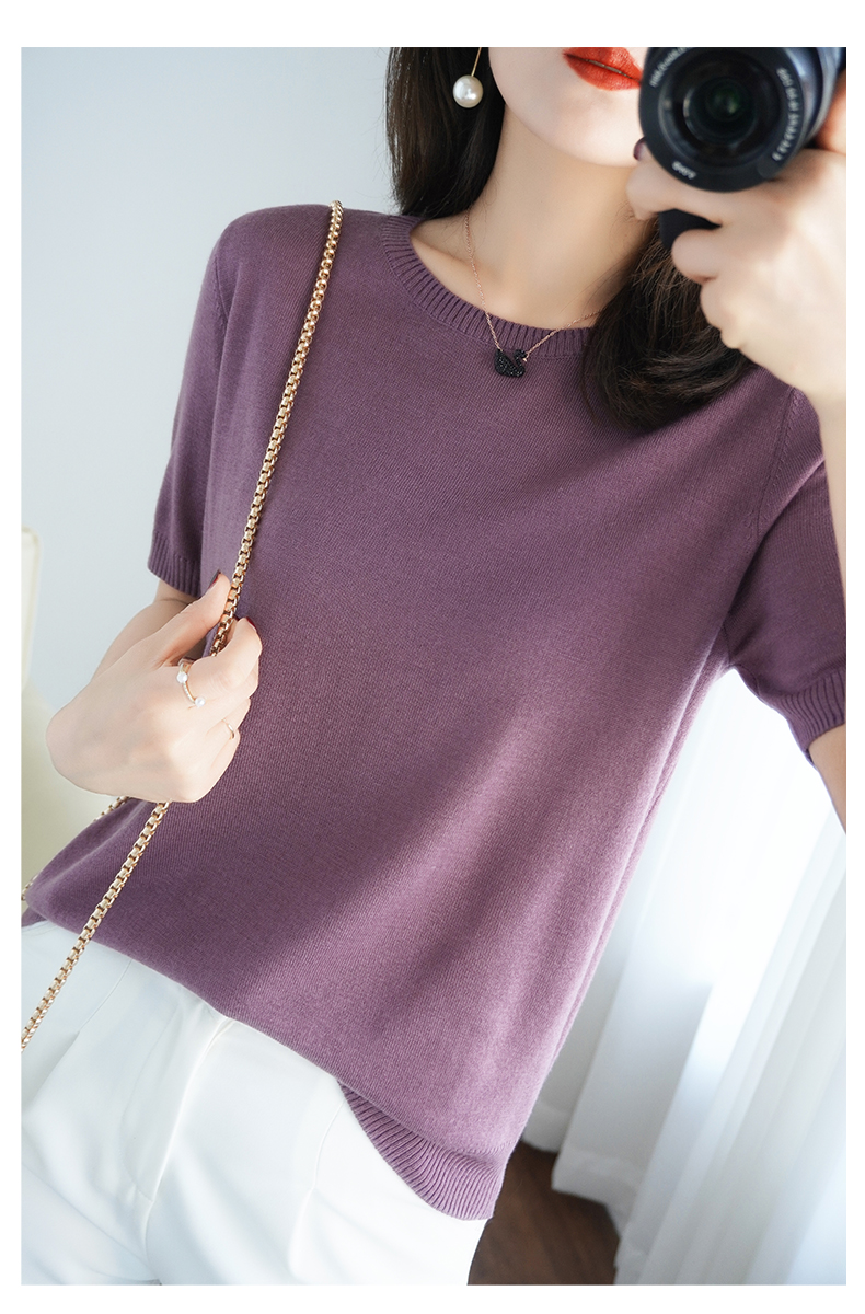 针织短袖t恤女2021春夏新款圆领宽松纯色打底衫上衣半袖xzoo柒月雅柯