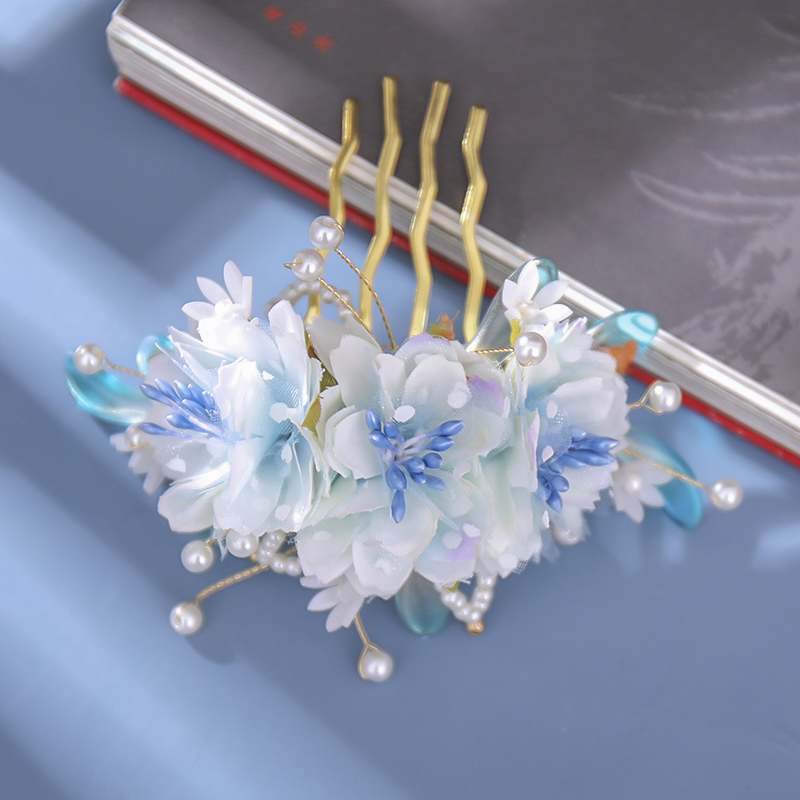 古风发饰绢花头饰蓝色套装古典花朵流苏发夹簪子古典旗袍配饰汉服
