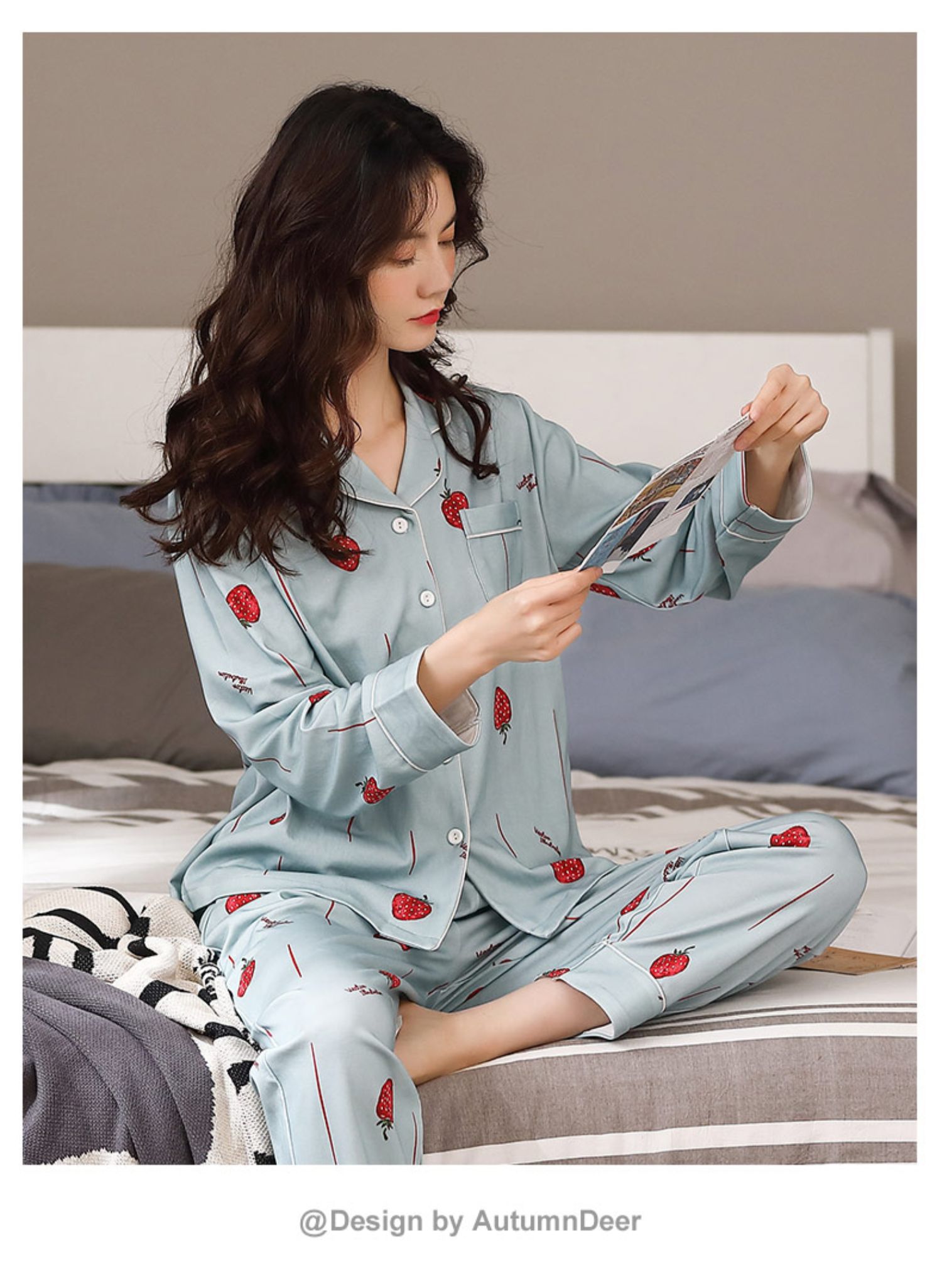 女睡衣秋季2020新款纯棉长袖草莓印花开衫修身翻领家居服套装 浅蓝(06