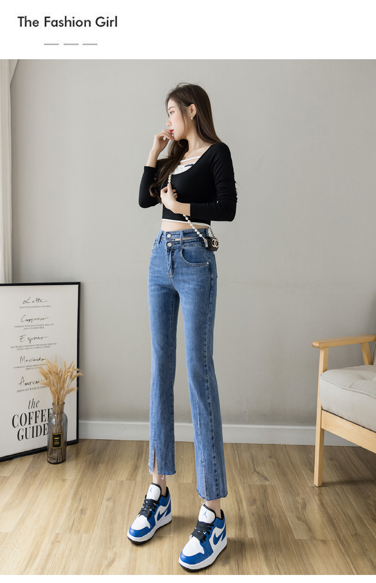 hkbq弹力镂空高腰牛仔裤女2021年新款秋装百搭显瘦九分裤子开叉微喇裤