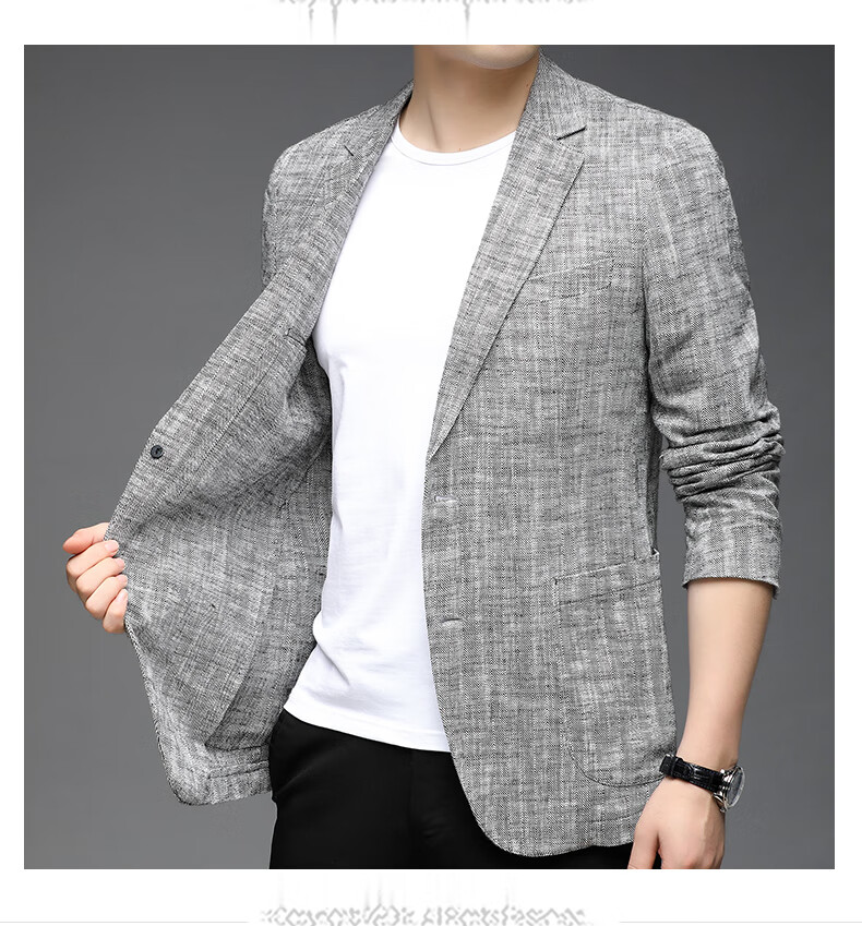 ROMON Men's Linen Casual Blazer Spring and Autumn Slim Fit Single-Breasted Solid Color Business Suit Jacket 11