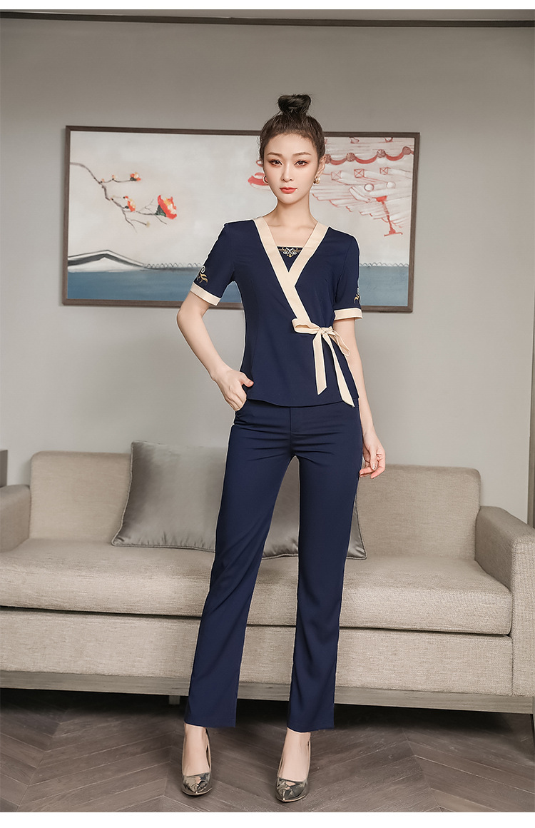 美容师养生馆气质技师工作服显瘦酒店足浴洗浴长裤套装女藏青xxl
