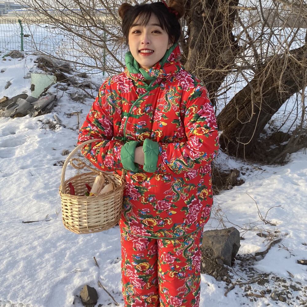 橦华过年网红花棉袄中国风套装东北大花棉袄女大棉袄大花袄衣服冬棉服