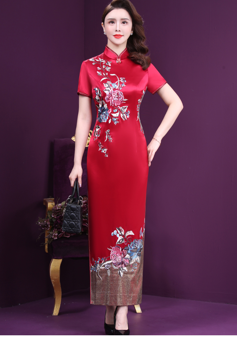 王小鸭醋酸连衣裙女春装秋新款复古中国风手工刺绣改良缎面旗袍红色l