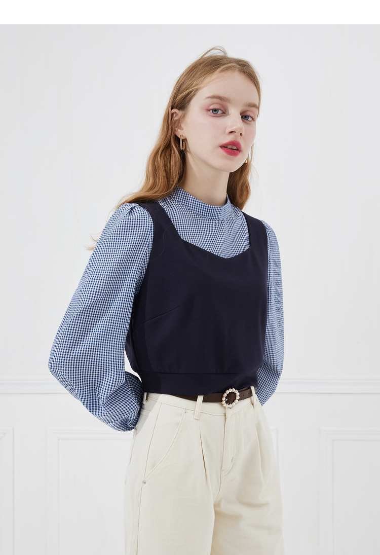 秋水伊人休闲上衣春2021新款女装简约风格纹针织弹力背心女 蓝色 l