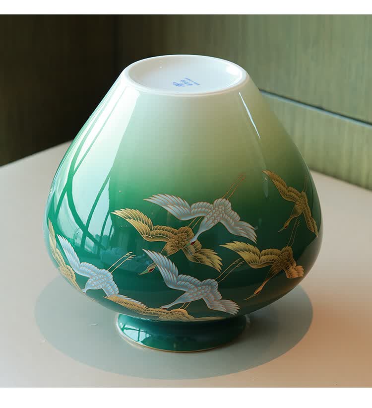 饰品摆件乔迁礼物 日式手绘描金陶瓷花瓶 青绿色【图片 价格 品牌