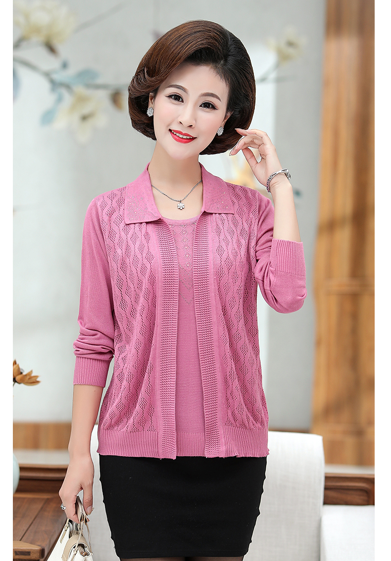 中年妈妈装假两件针织衫秋装洋气上衣短款外套中老年女装春秋衣毛衣