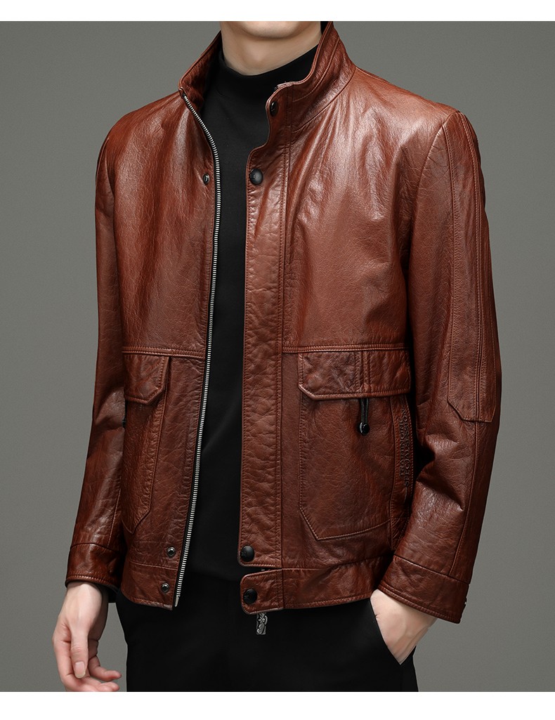 皮尔卡丹新品头层油蜡牛皮皮衣男士立领皮机车皮夹克中青年工装外套真