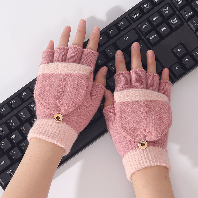 女生手套送女友半指露露指手套冬天女半指翻盖可爱加厚毛线学生写字