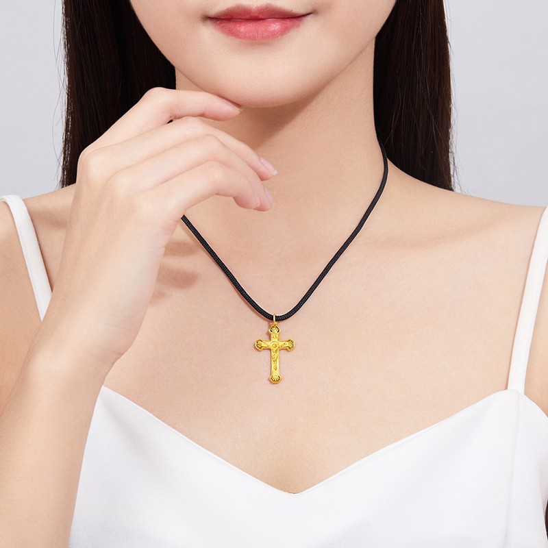 御龙镜珠宝十字架黄金吊坠男女款999足金编绳项链情侣金挂坠3d硬金小