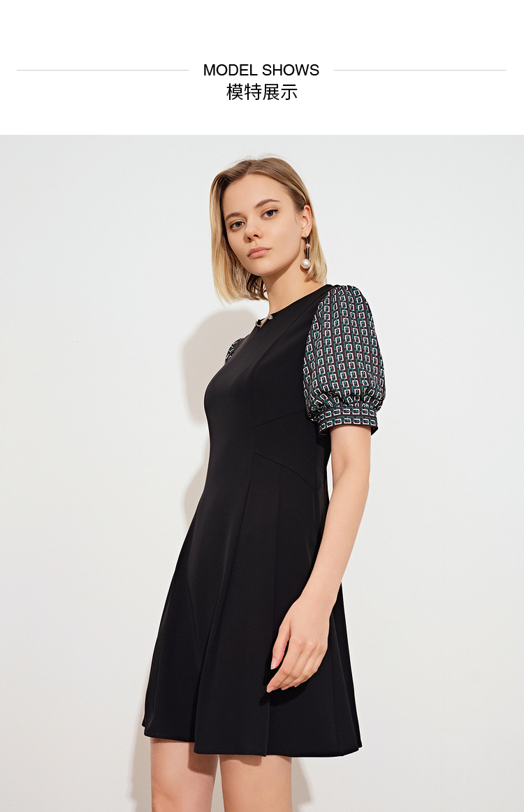 psalter诗篇女装夏季新款泡泡袖连衣裙6c61205993黑色42