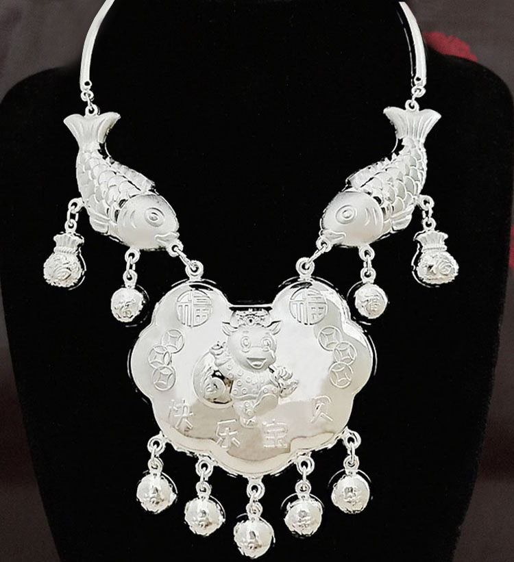 玲川s999银项圈银锁男女宝宝婴儿复古长命锁满月周岁银礼长命富贵大气