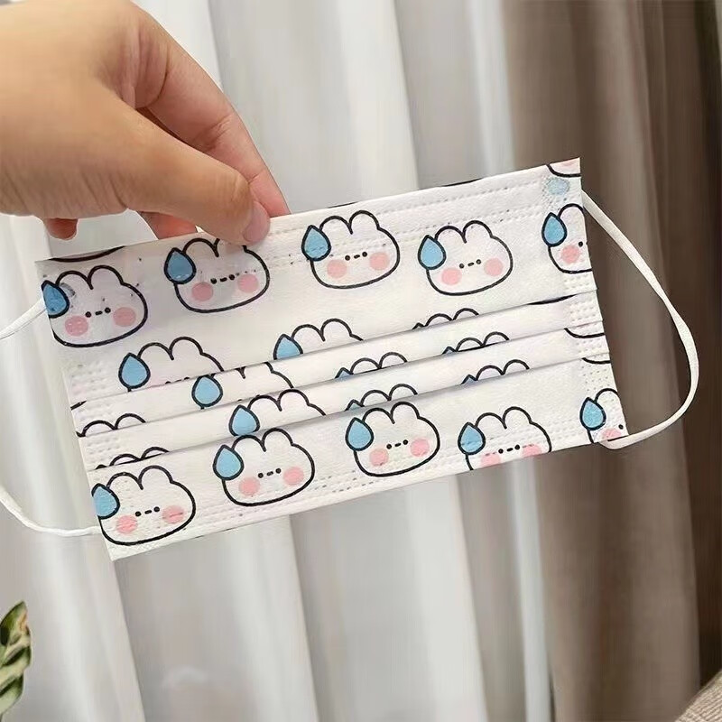 abay萌萌可爱创意汗颜小白兔口罩无语流汗滴汗表情包卡通印花三层独立