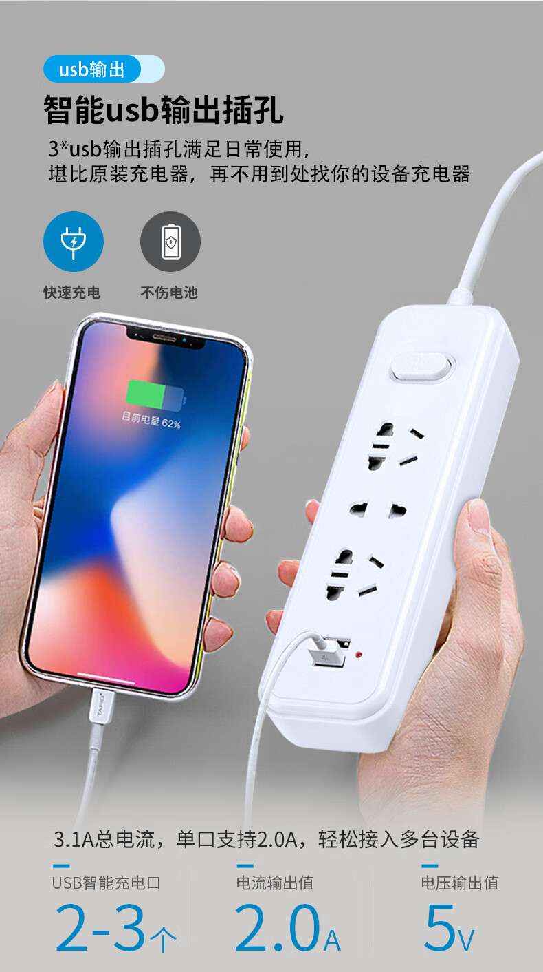 适用两脚插座两孔排插两头插排两项接线板插板2脚二孔头宿舍用插线板