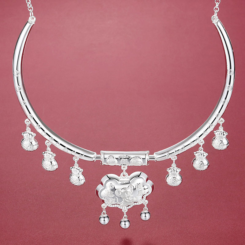 老凤祥云同款情人节礼物s999银长命锁银项圈足银锁吊坠男女宝宝婴儿童