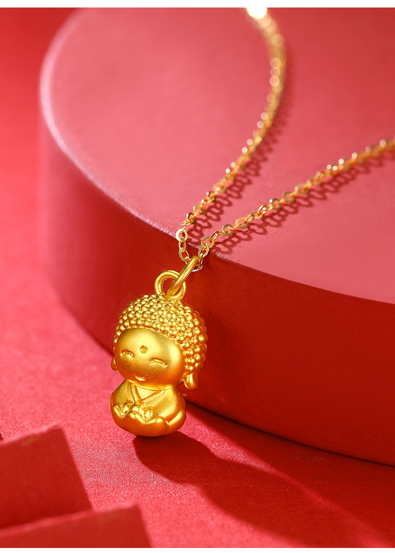 老凤凰 吉祥如意足金999开心佛黄金吊坠项链女3d硬金金镶玉和田玉佛