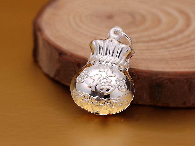 999纯银吊坠大福袋钱袋毛衣链吊坠足银饰 国男女挂件红绳配饰挂坠生日