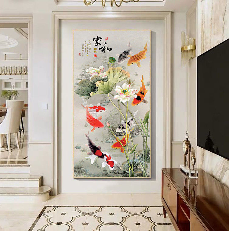 妮嫚九鱼图风水招财玄关装饰画新中式轻奢挂画走廊过道壁画客厅晶瓷画