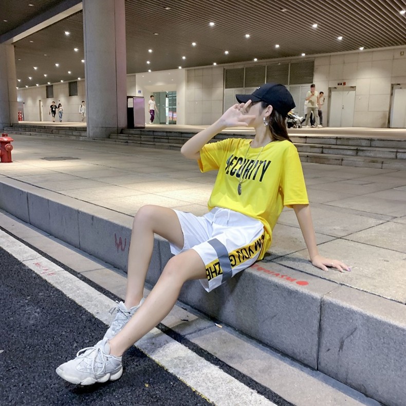 运动服套装少女夏装2022新款初中高中学生休闲阔腿短裤套890蓝t恤s26