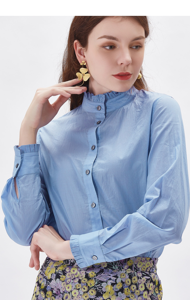 舒朗春季新款时尚木耳立领蓝色时尚通勤衬衣女dsr1c01 蓝色 11/l