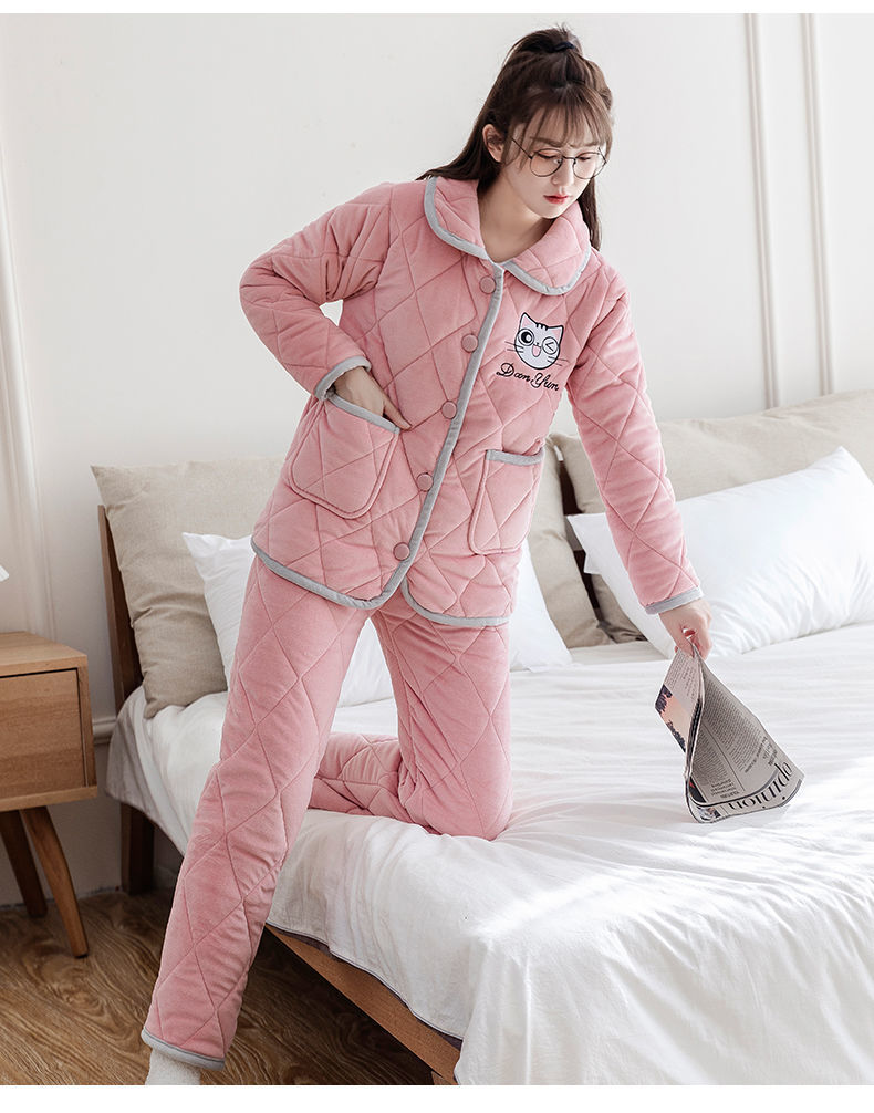 睡衣女加绒加厚款珊瑚绒保暖三层夹棉秋冬天大女装家居服套装三层加厚