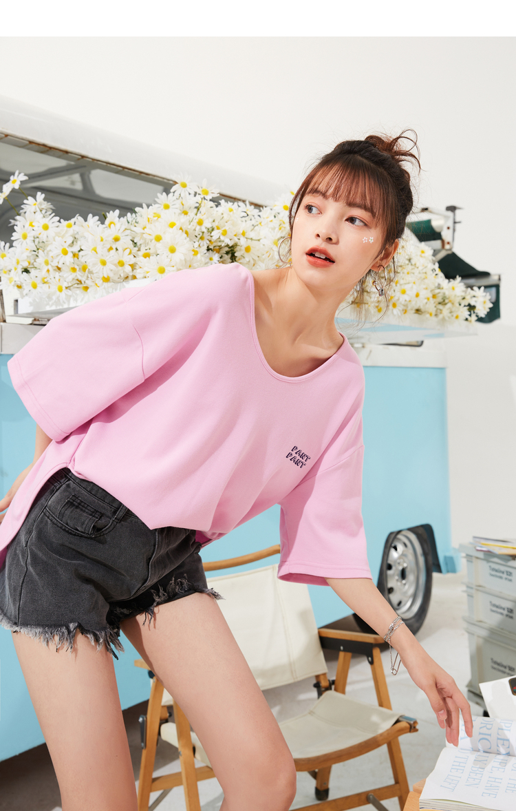 【新款】妖精的口袋字母印花粉色短袖t恤女2021秋季宽松ins潮上衣