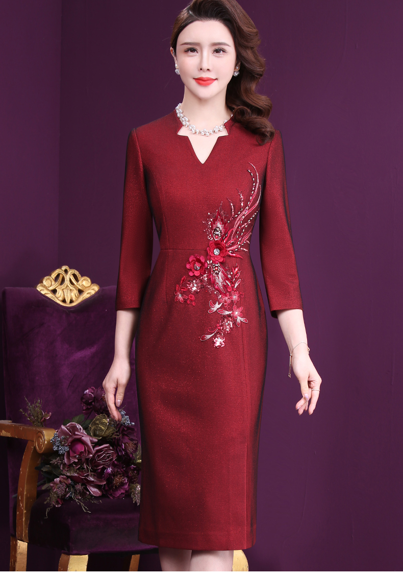 王小鸭旗袍连衣裙春装新款端庄改良喜庆红色妈妈礼服女红色xl