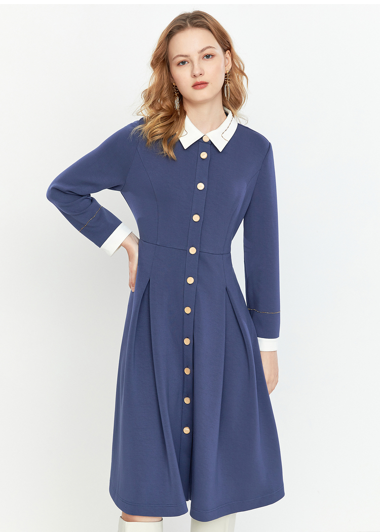 影儿yiner音儿女装2020冬季新款单排扣polo领收腰连衣裙 藏蓝 42