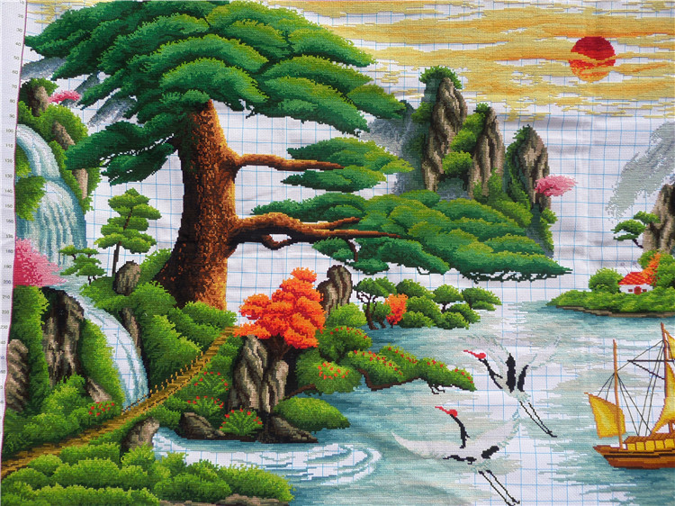 手工秀好的十字绣成品迎客松财运版流水生财新款客厅山水画出售 纯