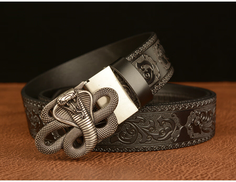 jhbee-皮带眼镜蛇自动扣男士腰带牛皮个性雕花休闲牛仔裤带 4011号纹